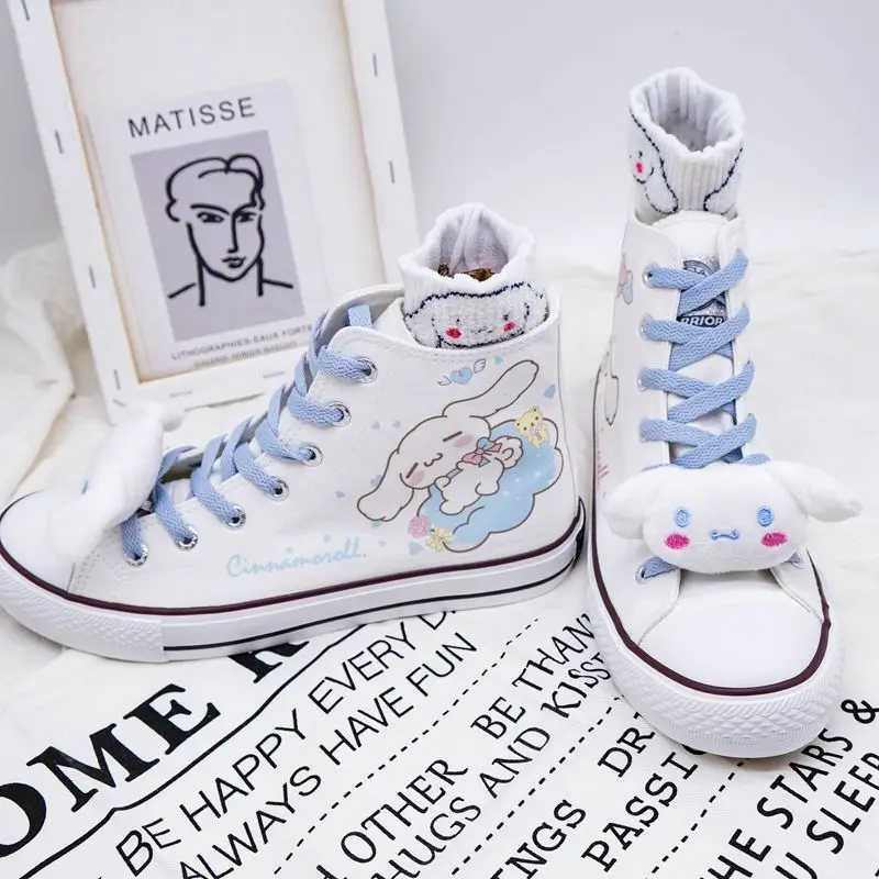 2026 Niedliche Cinnamoroll-Paar-Canvas-Schuhe für Damen, Anime My Melody Freizeitschuhe für Mädchen, Studentinnen-Schuhe mit dicker Sohle, Trendige Board-Schuhe