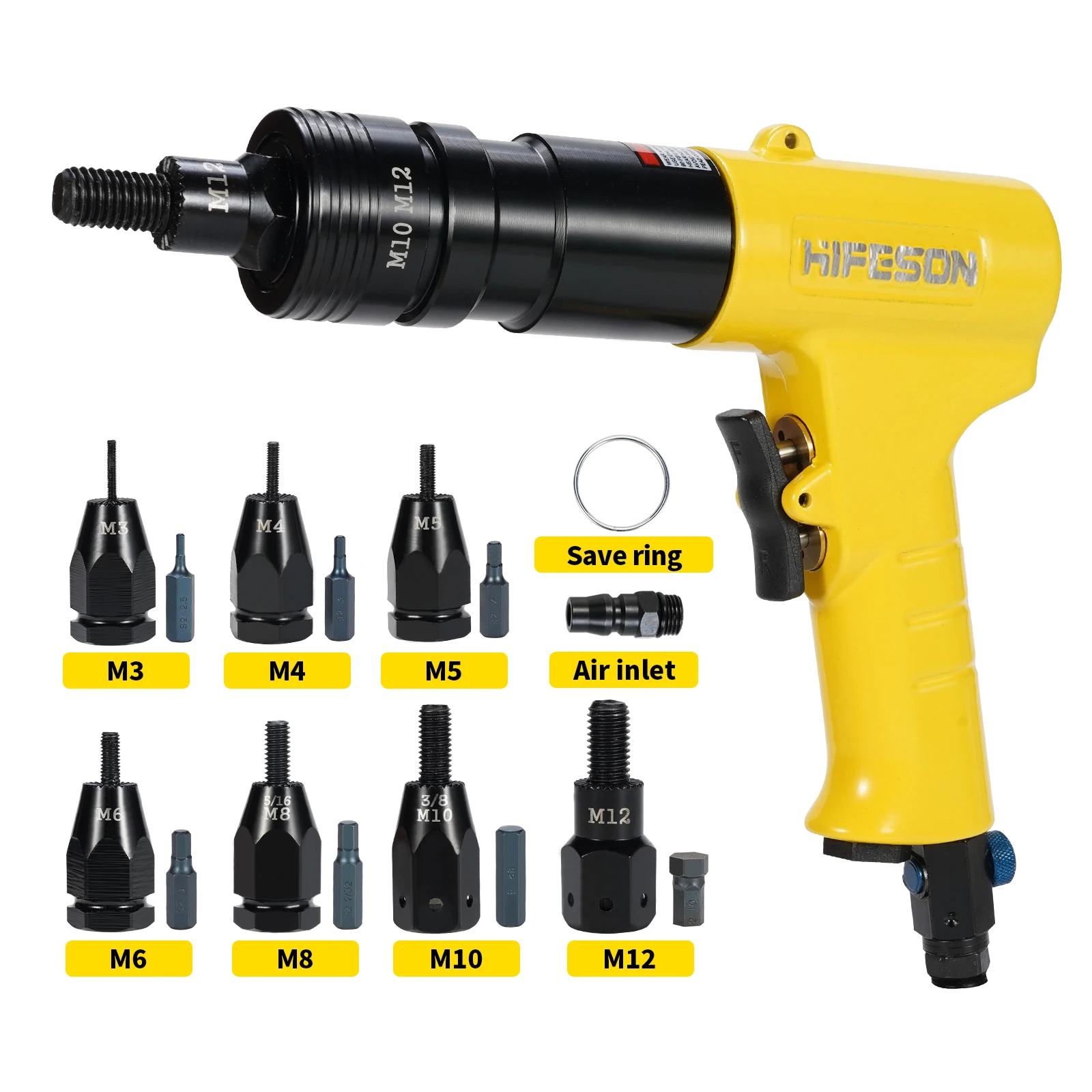 HIFESON Pneumatische Nietmutterpistole Einsatz Gewindezug Setter Nietmaschinen Nietmuttern Nietwerkzeug für M3 M4 M5 M6 M8 M10 M12 Image