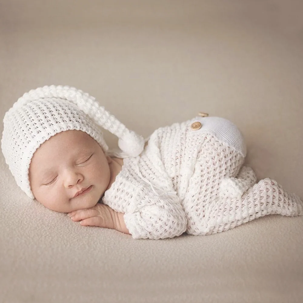 Ylsteed Neugeborener Overall mit Füßen für Fotoshootings, Säuglingsfotografie-Outfits, Neugeborene, Knöpfe, Taschen-Strampler mit Bommel, schläfriger Mütze Image