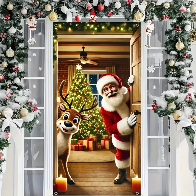 VIKAMA Weihnachtsmann-Türvorhang mit Rentier-Motiv, Winter, festliches Zuhause, Haustür, Veranda, Hängevorhang, Weihnachtsdekoration Image