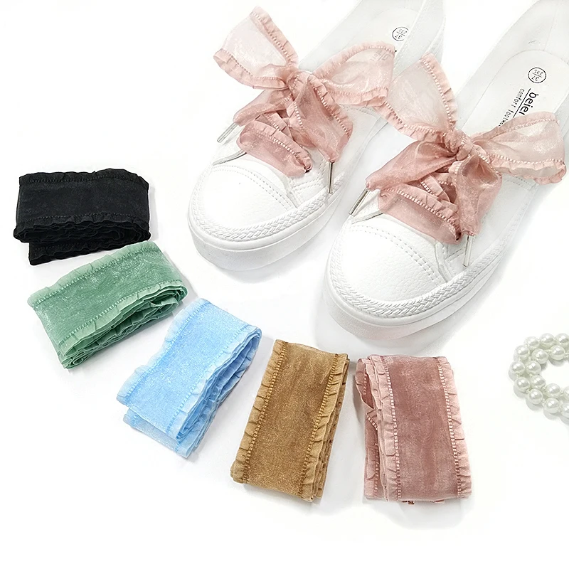4 cm verbreiterte Organza-Rüschen-Schnürsenkel, 80/100/120/160 cm Länge, Schleife, Sneaker, Schwarz, Sportschuhe, weiße Schuhe, Schnürsenkel, Dropshipping