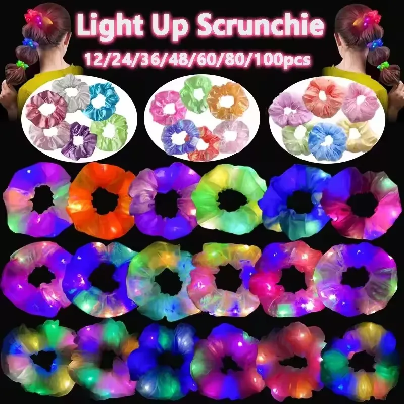 10-100 Stück LED-Haargummis, leuchtende Haargummis für Damen, elastisches Satin-Haarband, Weihnachts-Partyartikel, die im Dunkeln leuchten Image