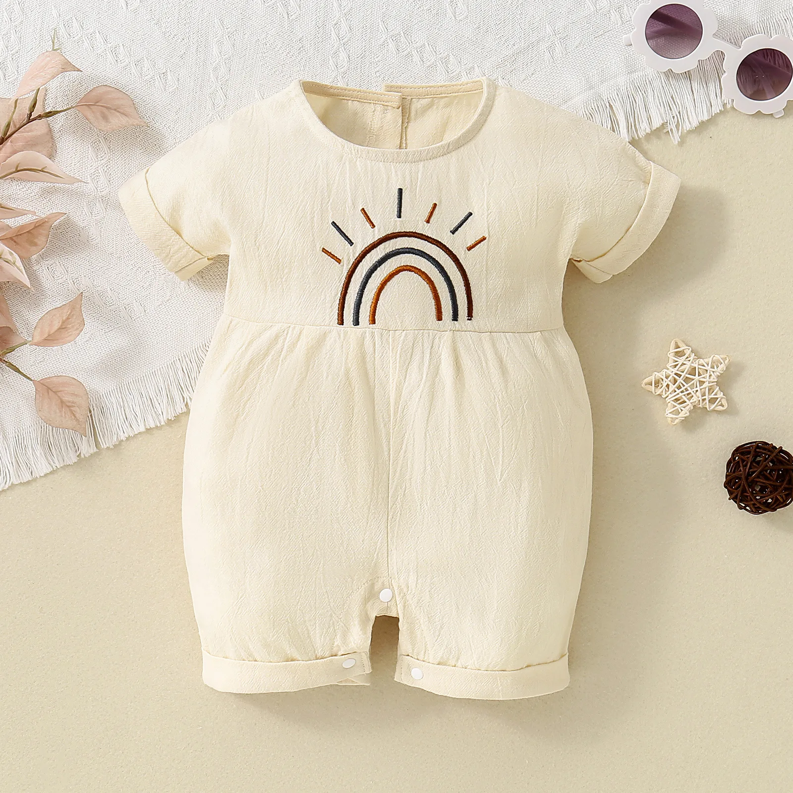 Unisex-Baby-Sommer-Strick-Strampler mit Rundhalsausschnitt und kurzen Ärmeln, Säuglingskleidung, Kleinkind-Outfit für Jungen und Mädchen Image
