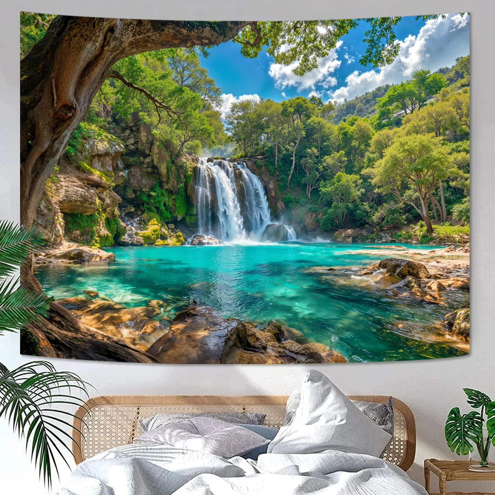 VIKAMA Tropischer Wald Wasserfall Wandteppich Heilende Natur Landschaft Wandbehang für Schlafzimmer Wohnzimmer Ferienhaus Dekoration Image