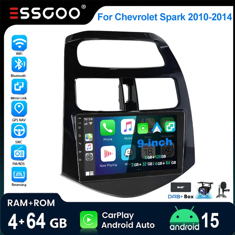 Autoradio ESSGOO Android 15 9 Zoll 4+64G 2+32G Für Chevrolet Spark 2010-2014 GPS Navigation Wireless CarPlay Android Auto WIFI RDS FM 6+128G Bluetooth Lenkradsteuerung Mirror Link Touchscreen Image