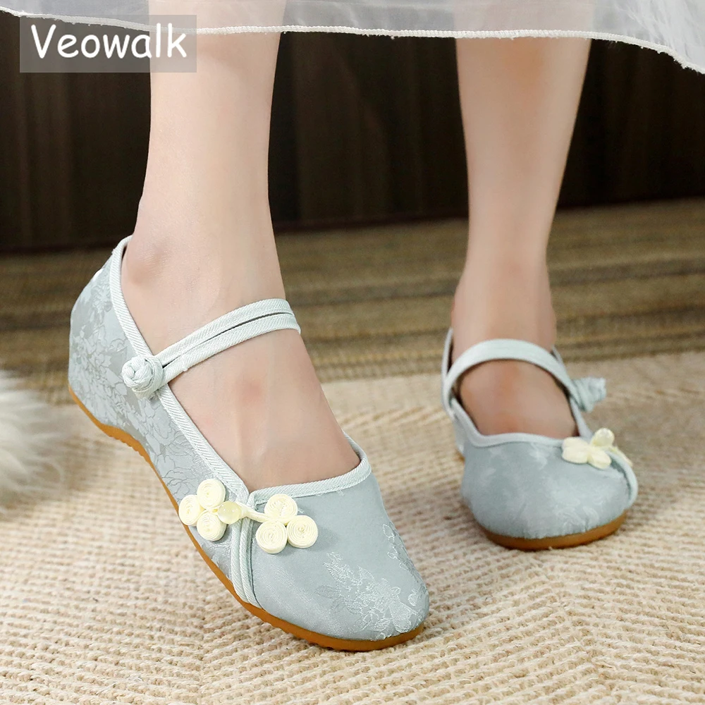 Veowalk Perlen Knoten Frauen weiche Baumwolle Mary Jane flache Schuhe Herbst Frühling Retro Komfort Gehen Fahren Ballette grün grau weiß