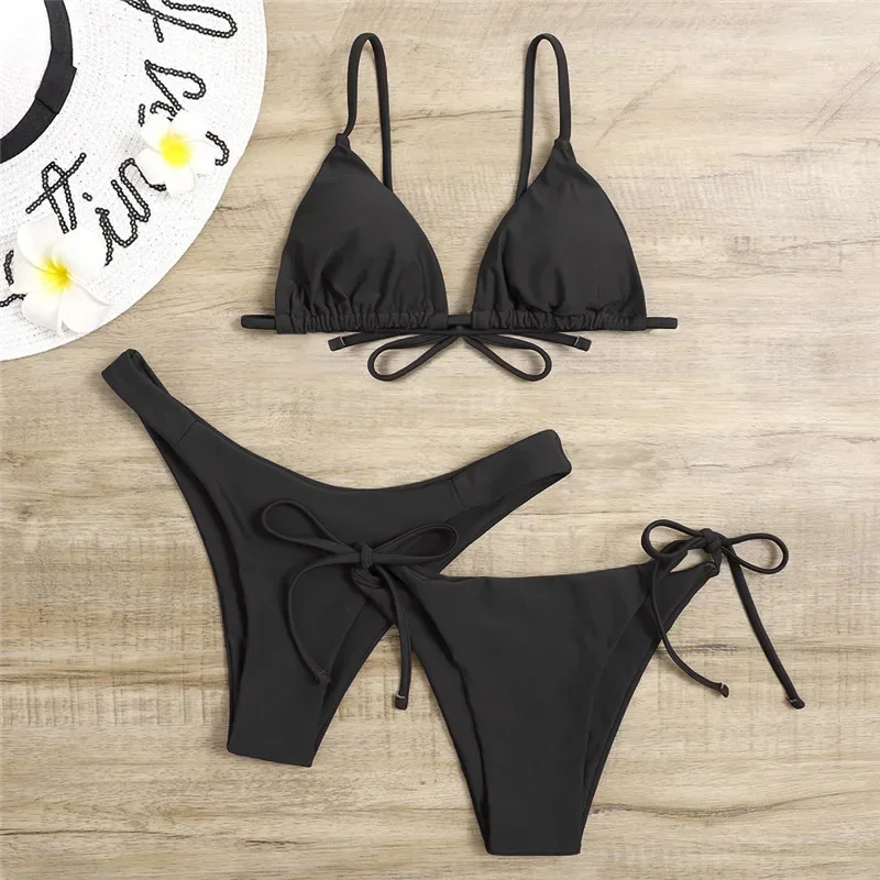 Sexy 3-teiliges Bikini-Set für Damen – Push-up-Bandage-Triangel-Badeanzug in Blau und Lila, brasilianische Strandmode