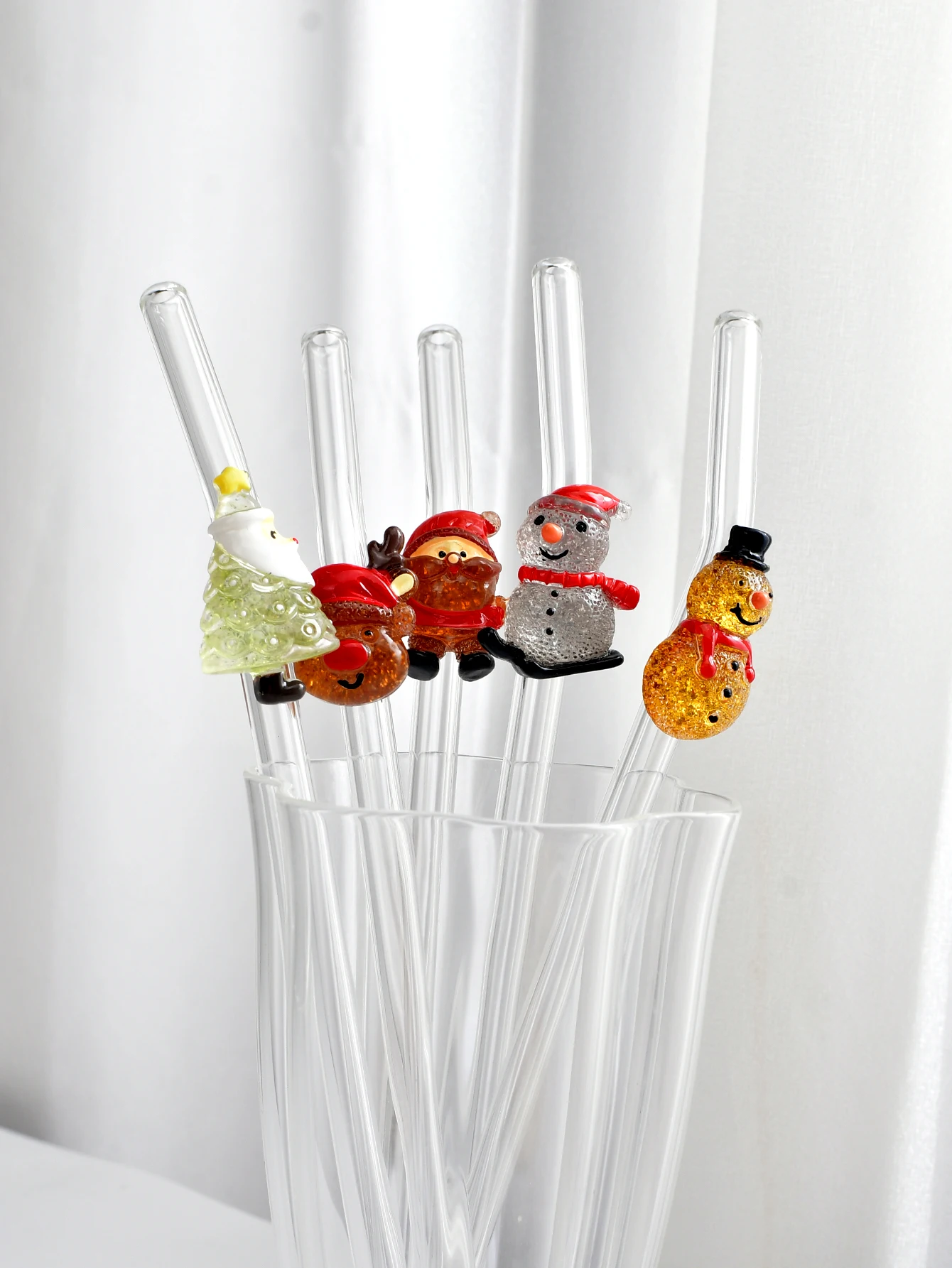1/5PCS Weihnachts-Glasstroh-Set, Rentier/Schneemann/Weihnachtsmann-Designs. Für Boba-Tee und Eggetränke. Perfekt für Partys, Picknicks, Geschenke Image