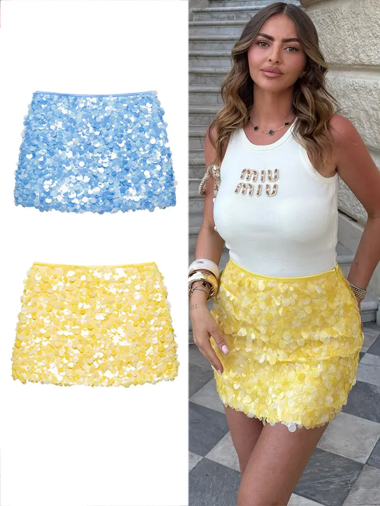 HH Frauen Mode Gelb Pailletten Mini Röcke Seite Zipper Hohe Taille EINE Linie Rock Sommer Sexy Dame Elegante Club Party Röcke