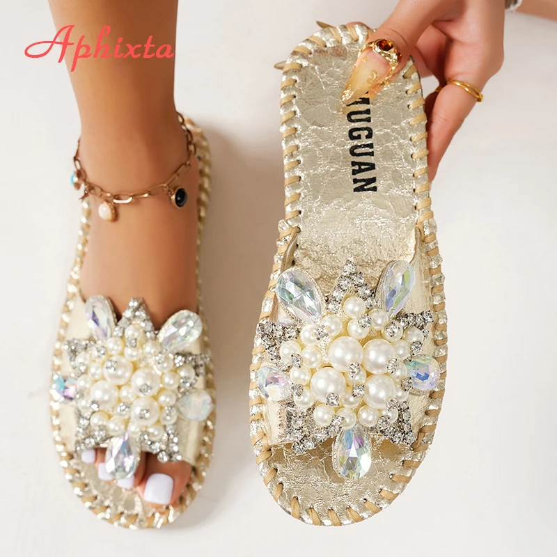 Aphixta Neue Gold Kristall Blume Hausschuhe Frauen Sommer Runde Kappe Schuhe Outdoor Flache Ferse Bling Rutschen Große Size43 Luxus Flip-Flop