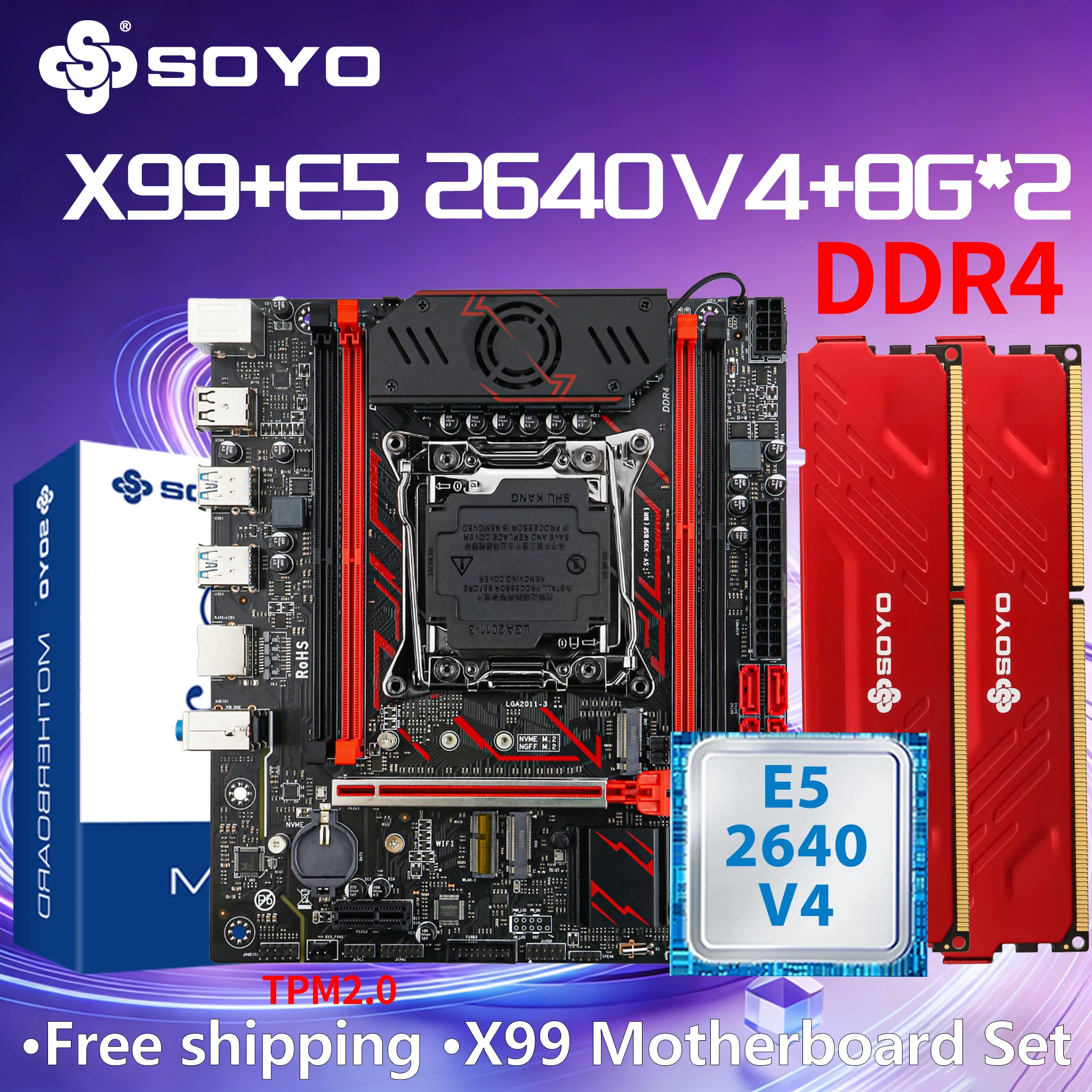 Carte mère de jeu SOYO X99 BSF C612, Kit Intel Xeon E5 2640 V4CPU DDR4 RAM 16GB = 8G * 2 2133MHZ LGA2011-3 TPM2.0 PCIE3.0x16 SATA3.0