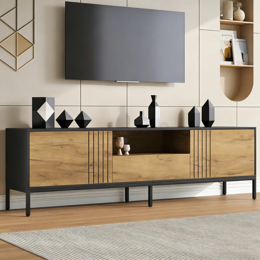 Meuble TV, panneau TV bas, console TV avec 2 armoires et 1 tiroir, table TV, meuble TV, meuble de salon, 170*35*50cm