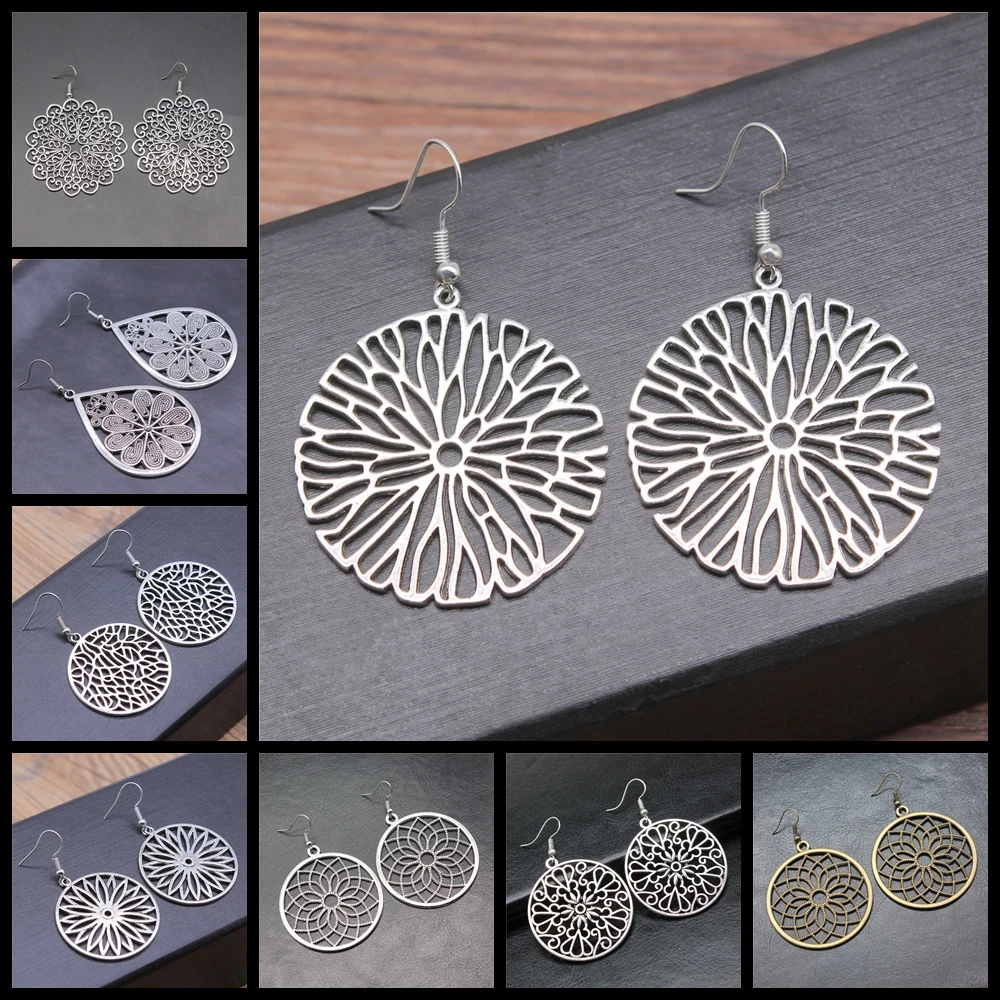Böhmen Vintage Schnitzen Mandala Blume Antik Silber Farbe Tropfen Baumeln Ohrring Für Frauen Mädchen Antike Hohl Schmuck