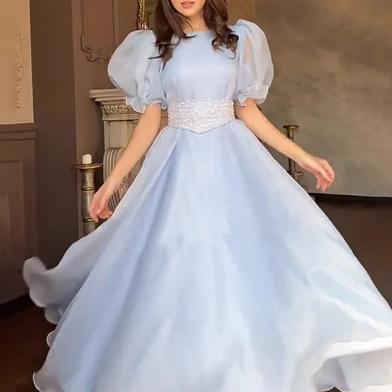 Damen Mode O-Ausschnitt Hohe Taille Langes Kleid Elegantes Temperamentvolles Einfarbiges Partykleid 2026 Sommer Lässiges Puffärmel Prinzessinnenkleid Image