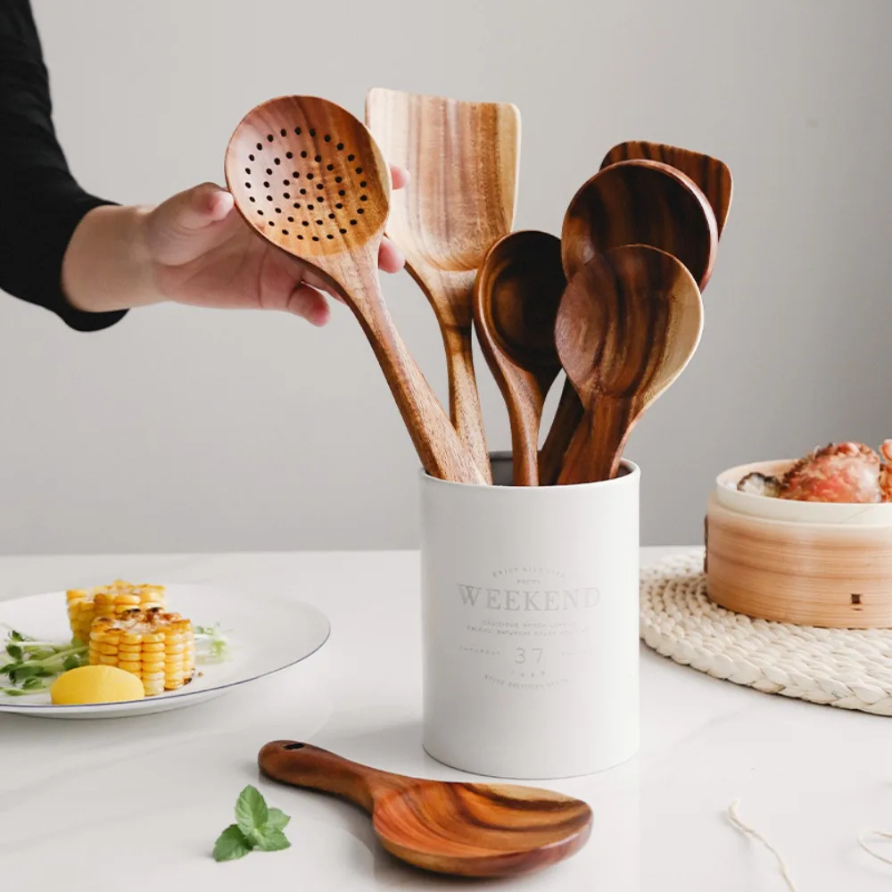 Cuillère de cuisine en bois, matériau naturel, ensemble d'ustensiles de cuisine durables avec seau de rangement, ensemble de pelles de cuisine incassables 4-8 pièces