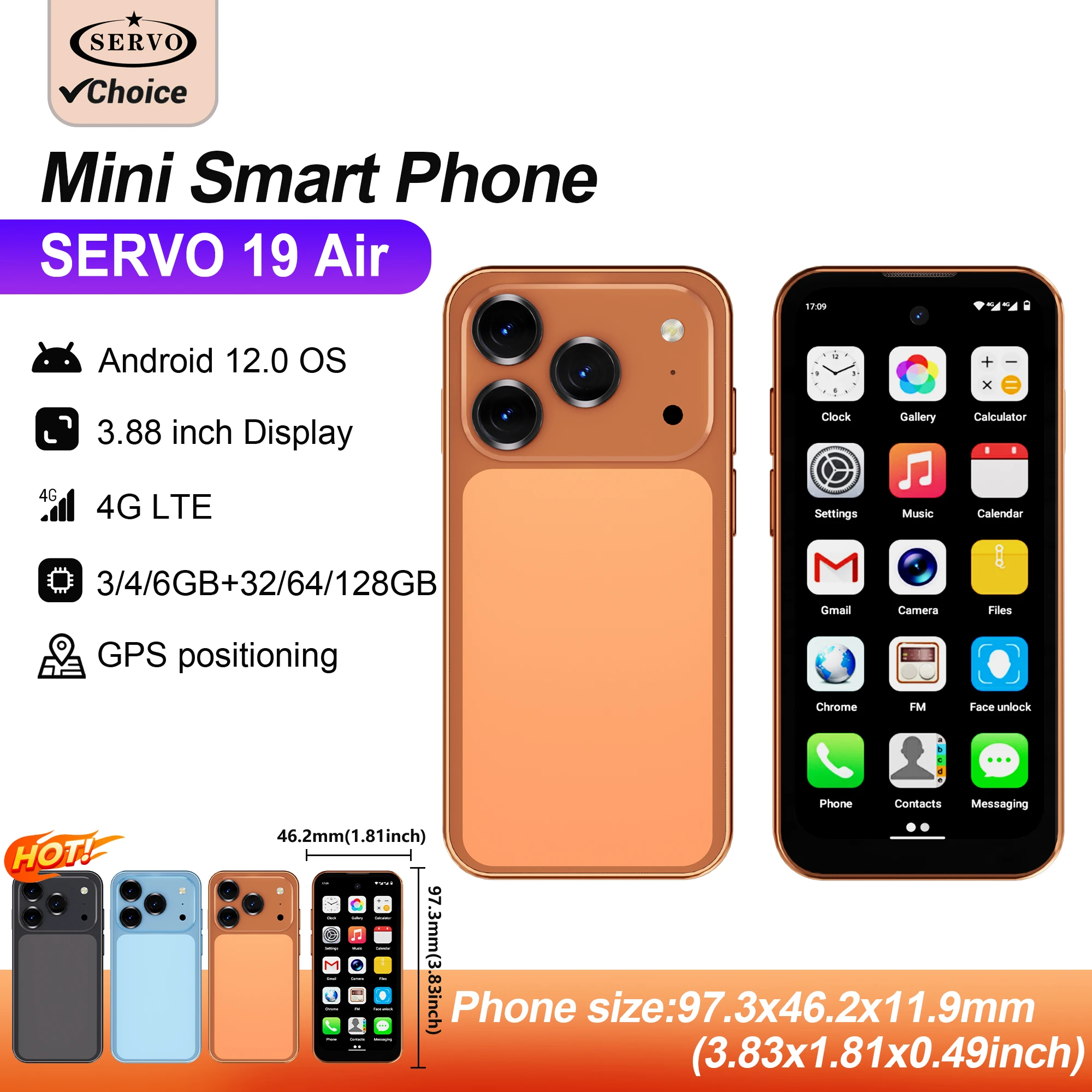 SERVO 19Air Mini Android Smartphone 4G LTE 3,88" HD Display Dua SIM Karte 2000mAh 6GB+128GB Kleines Mobiltelefon GPS OTG Play Store