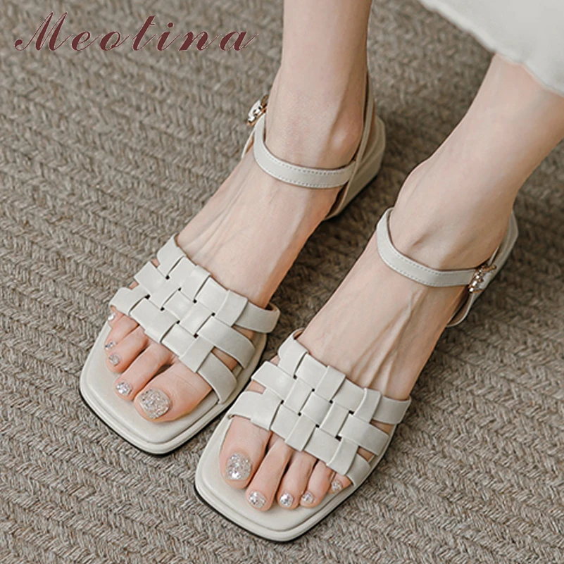 Meotina Frauen Echtes Leder Ankle Strap Sandalen Mid Ferse Schuhe Schnalle Karree Starke Ferse Damen Schuhe Sommer Apricot 39