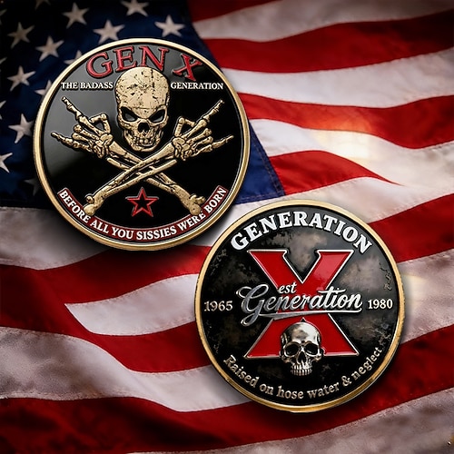Generation X Challenge Coin (1965–1980) – Cooles Totenkopf-Design, Sammlermünze für stolze Mitglieder, Vintage-Retro-Geschenk für Männer und Frauen Image