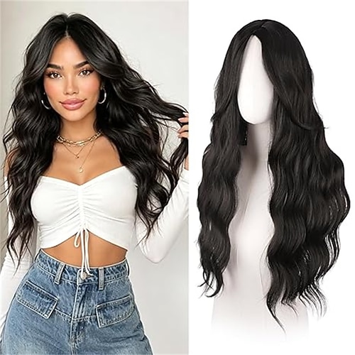 Blonde Perücke mit Pony für Damen – lange, gewellte, mit Mittelscheitel natürlich wirkende Kunsthaarperücke für Alltag, Partys, Cosplay und Kostüme, 66 cm (26 Zoll), blond-rosa gemischt Image