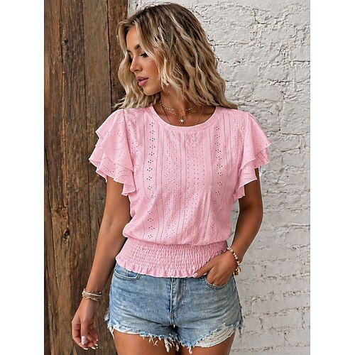 Damen Oberteil mit Ösen T Shirt T-Shirt Babydoll-Top Elegant Mode Kurzarm Rundhalsausschnitt Normale Oberteile Lässig Täglich Strand Weiß Rosa Sommer Frühling Image