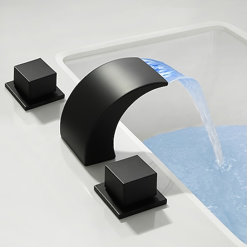 8-Zoll-Waschtischarmatur mit Wasserfallfunktion, 3-Loch-Ausführung, LED-Beleuchtung, Zweigriff-Wasserfallarmatur, mattschwarz Image