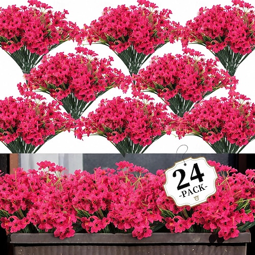 24 Bündel künstliche Blumen für den Außenbereich, UV-beständige Kunstblumen, Frühlingsblumen für Pflanzgefäße im Freien, Hochzeitsdekoration für Haus, Garten, Terrasse, Veranda (8 Farben) Image