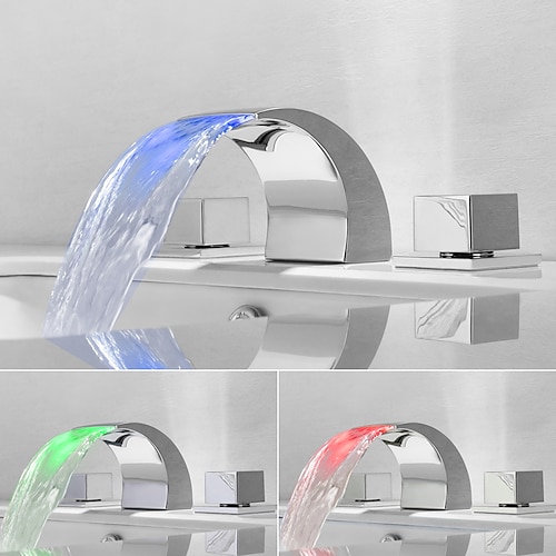 8-Zoll-Waschtischarmatur mit Wasserfallfunktion, 3-Loch-Ausführung, LED-Beleuchtung, Zweigriff-Wasserfallarmatur, mattschwarz Image