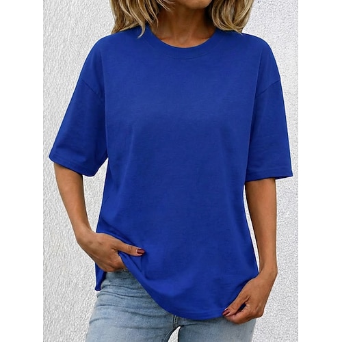 Damen 100% Baumwolle T Shirt T-Shirt Einfarbig Stilvoll Basic Lässig Kurzarm Rundhalsausschnitt Normale Oberteile Täglich Sport Ausgehen Blau Aubergine lila Schwarz Weiß Gelb Sommer Frühling Image