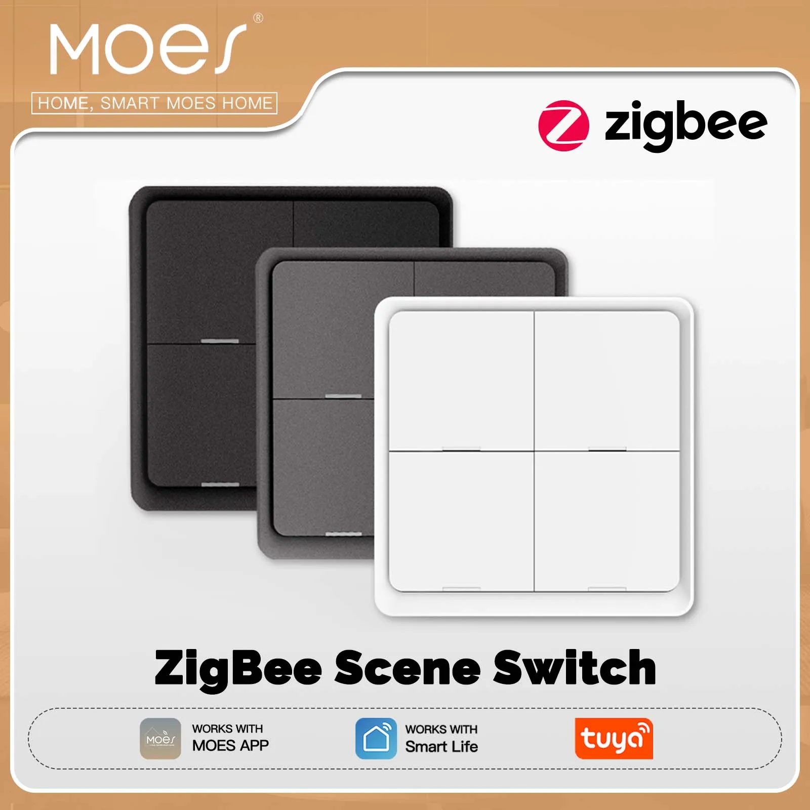 MOES 4-Gang Tuya ZigBee Wireless Scene Switch – 12 anpassbare Automatisierungsszenarien, batteriebetriebene Drucktastensteuerung für Image