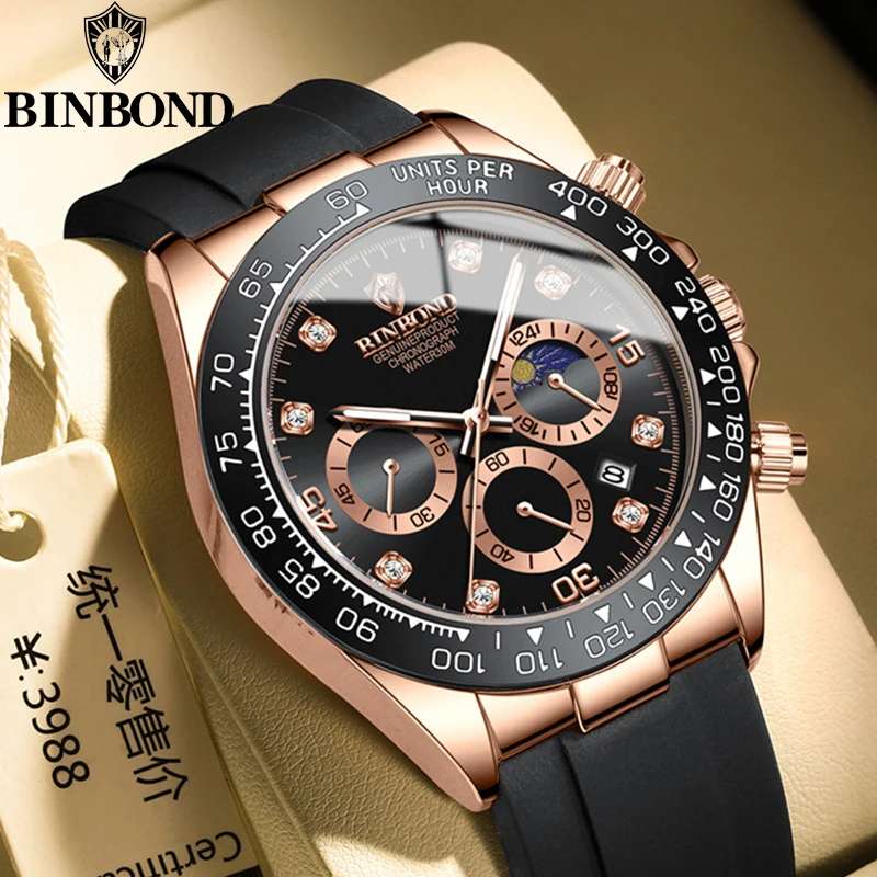 BINBONG Quarzuhr für Herren, Silikonarmband, Mondphase, Datum, Chronograph, Zifferblatt, wasserdicht, Sport, Mode, Business-Herren-Armbanduhr Image