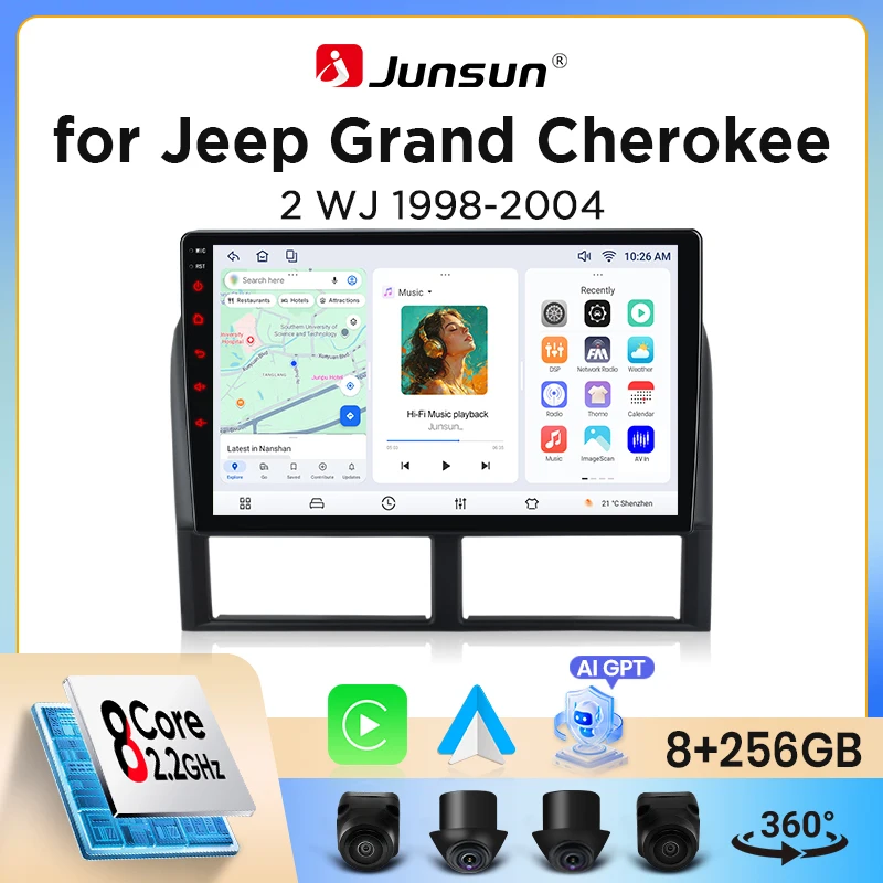 Junsun Wireless CarPlay Android Auto Autoradio für Jeep Grand Cherokee (WJ) 1999-2004 mit integriertem Lüfter, Android GPS-Navigation, Multimedia-Player, WiFi, DSP, RDS, BT, SWC, IPS-Touchscreen, Autoradio, Videoplayer, Head Unit, Stereo Image