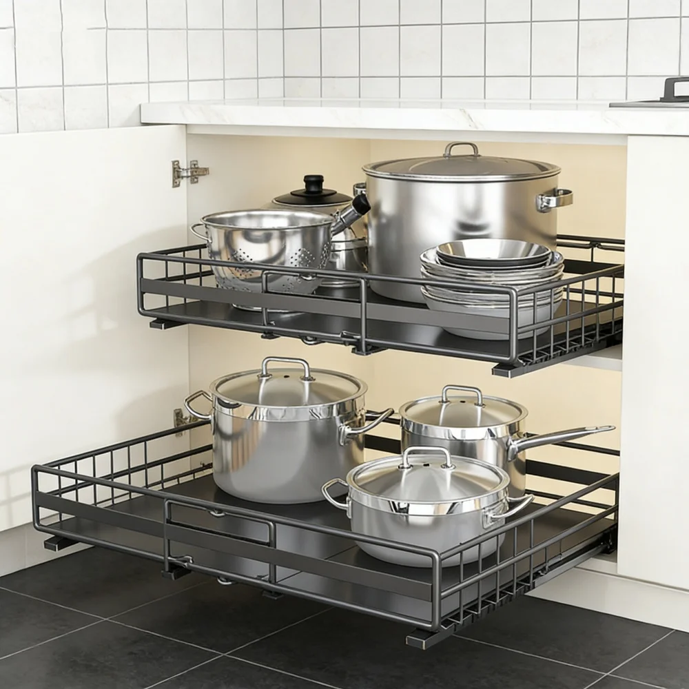 2-teiliges ausziehbares Aufbewahrungsregal für Spülenschränke, robustes, skalierbares, bohrfreies, ausziehbares Aufbewahrungsregal aus Metall für den Haushalt