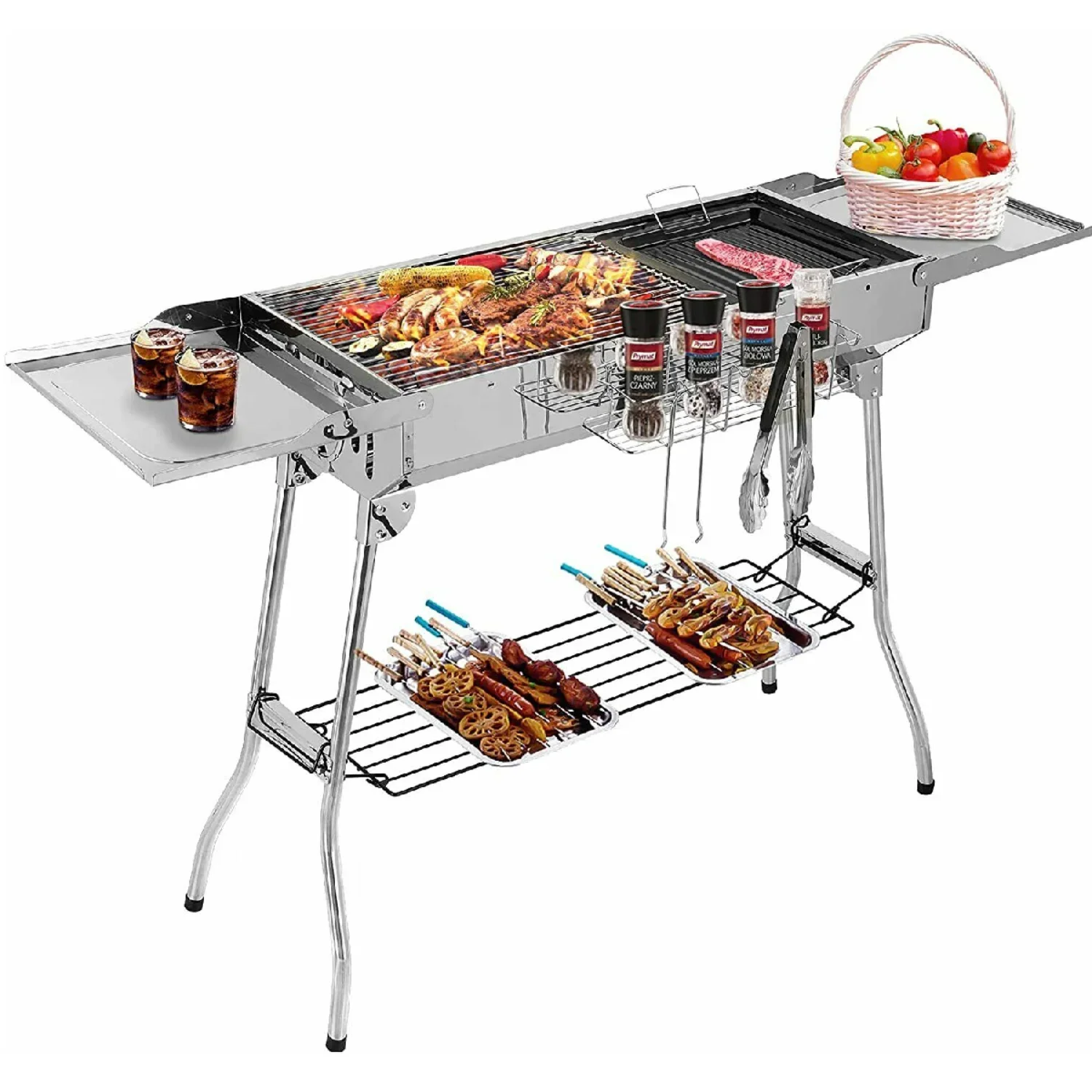 Holzkohlegrill aus Edelstahl, tragbarer Campinggrill mit doppelten klappbaren Flügeln, antihaftbeschichtete Pfanne, verstellbare Belüftung Image