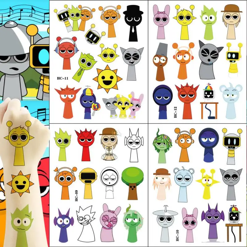 1Pcs Cartoon Incredibox Sprunki Temporäre Tattoo Aufkleber Musik Spiel Körper Kunst Tattoo Aufkleber Cosplay Party Für Party Geschenke Image