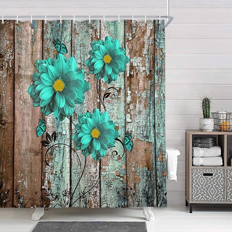 Tenda Da Doccia Rustica Con Motivo Floreale Verde Acqua, Set Di Tende Da Doccia In Tessuto Moderno Stile Fattoria Con Fiori Blu Turchese Su Tende In Legno Grigio, Accessori Per L'Arredo Bagno In Stile
