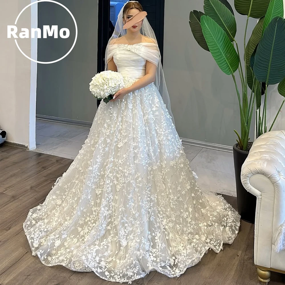Ranmo Luxuriöse Spitzen-Brautkleider im A-Linien-Stil 2026, schulterfrei, elfenbeinfarben, mit Falten und Schleppe, Vestidos Novias Boda, individuell anpassbar Image