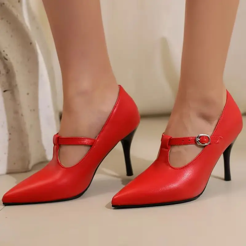 Sexy Damen-High-Heels-Pumps, große Größe 48, T-Riemen, Mary-Jane-Schuhe, spitze Zehen, schwarz, rot, nackt, mit Absatz, Büro- und Hochzeitsschuhe für Mädchen