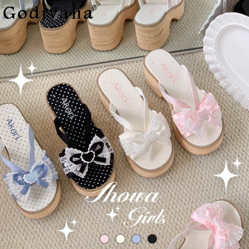 Japanische süße Lolita-Cos-Hausschuhe, neue 2025, süße Schleife für Mädchen, Spitze, Lolita-Schuhe mit dicken Sohlen, süße elegante Clogs-Schuhe für Damen