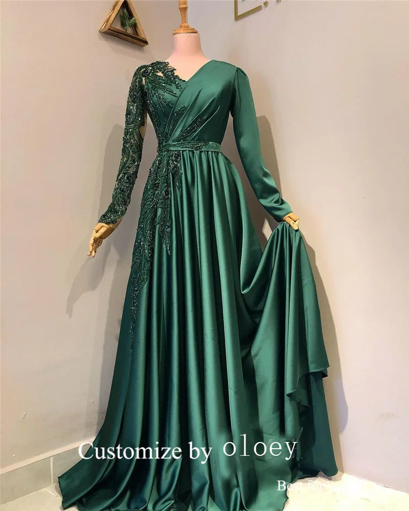 OLOEY Emerald Green Satin Dubai ArabicCustomised Dresses Glitter Lace Satin Pleats V Neck Formal Prom Gowns Vestido de noche