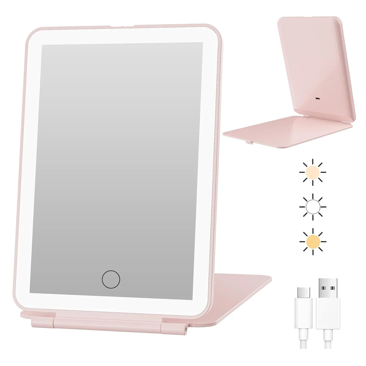 LED-Reise-Make-up-Spiegel, 3-Farben-Licht, wiederaufladbar über USB, Touchscreen, niedlicher tragbarer Tisch-Kosmetikspiegel, rosa, wunderschön