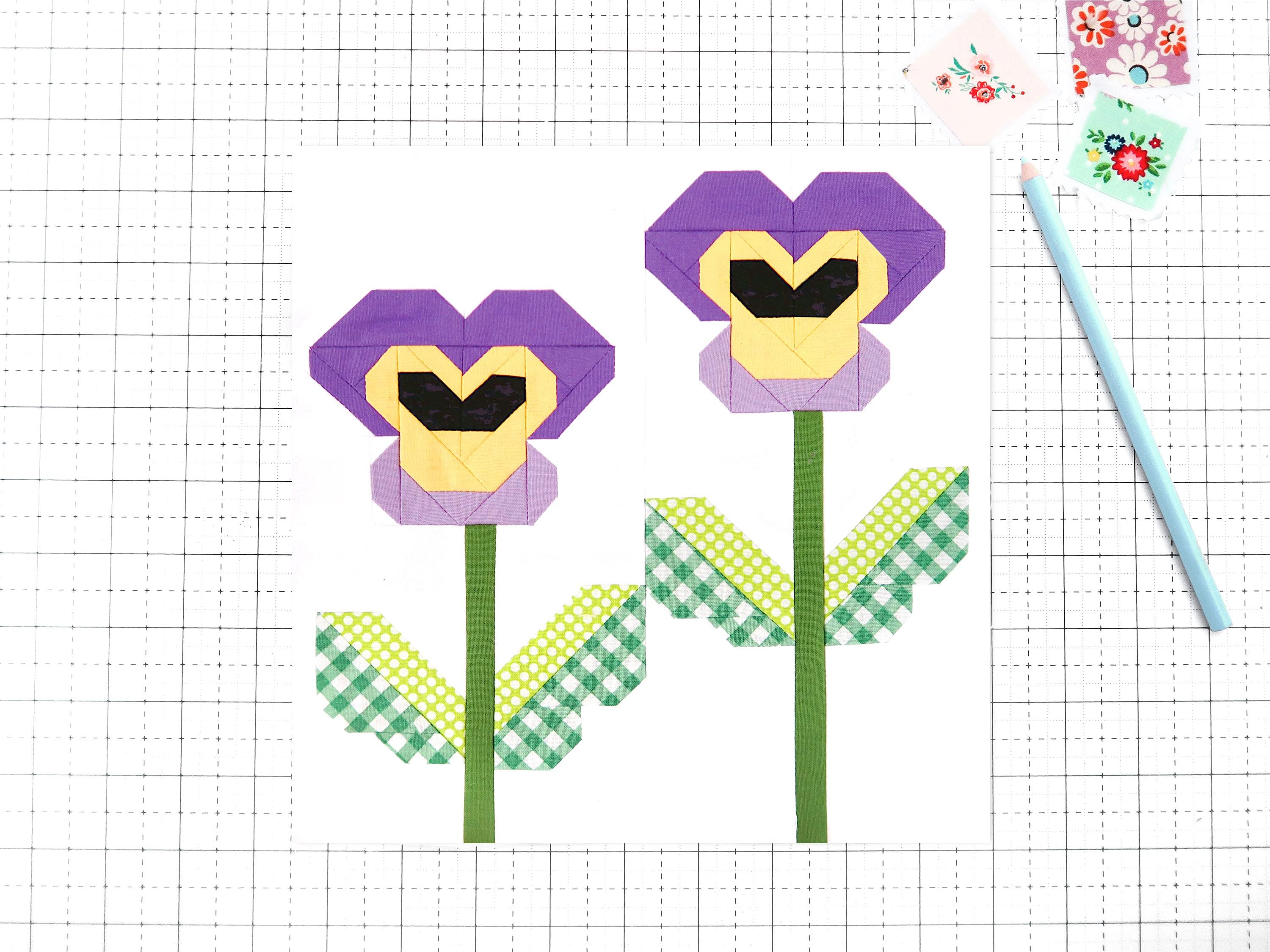 Modello per blocco di quilt con viole del pensiero - Primavera - PDF - Istruzioni per blocchi da 6, 9, 12, 18 e 24 pollici - Cucitura tradizionale