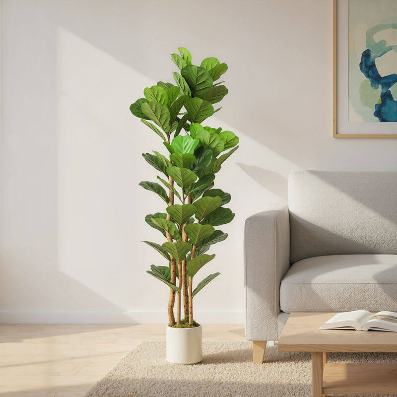 Ficus Lyrata Artificiale, Pianta Artificiale Con 71 Foglie, Tronco In Legno Massello, Vaso, 50 X 50 X 150 Cm, Verde