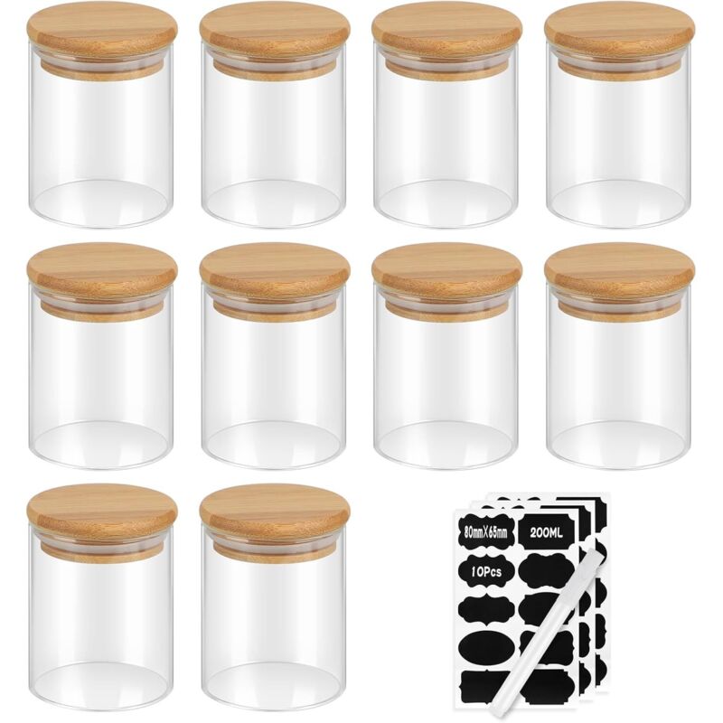Set Di 10 Barattoli In Vetro Da 200 Ml, 8,86,56,5 Cm, Barattoli Ermetici Per Spezie Con Coperchi In Bambù, Contenitori Per Alimenti Da Cucina Con Etichette, Barattoli Per Conservare Cereali, Frutta Se
