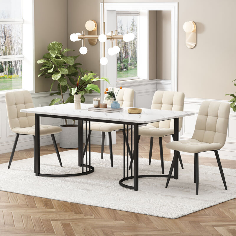 Set Da Pranzo Con Tavolo E Sedie Da 5 Pezzi, 4 Sedie Da Pranzo In Velluto E 1 Tavolo Da Pranzo In Mdf - Beige + Bianco, Gambe In Metallo Nero