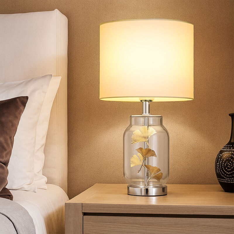 Lampada Da Tavolo Led Lampada Da Tavolo Lampada Laterale Foglie Design Paralume Tessile Bianco, Vetro Plastica Metallo Tessile, 1x E27 Led Bianco Caldo, Dxh 25x38 Cm