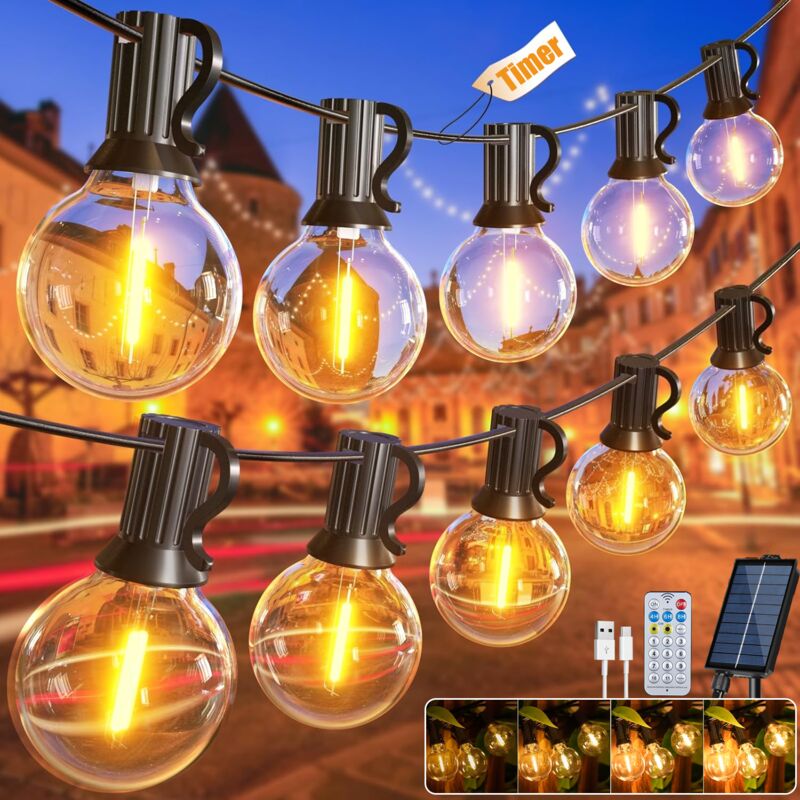 Catena Di Luci Solari Da Esterno Da 30 M, Luce Da Giardino Ricaricabile Tramite Usb Con Telecomando E 50+2 Lampadine Led G40, 8 Modalità, Timer, Ip44