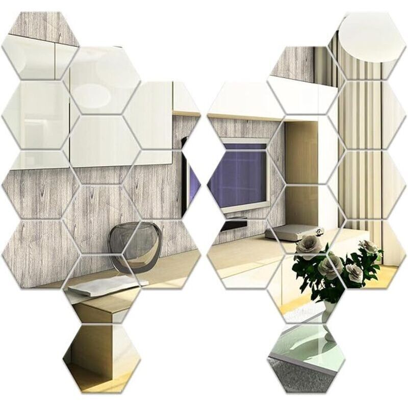 Set Di 24 Specchi Da Parete Esagonali, Specchi Da Parete Adesivi Argento 126×110×63 Mm, Specchi Da Parete Esagonali Autoadesivi In Acrilico Per Divano, Decorazione Dietro La Tv, Camera Da Letto, Soggi