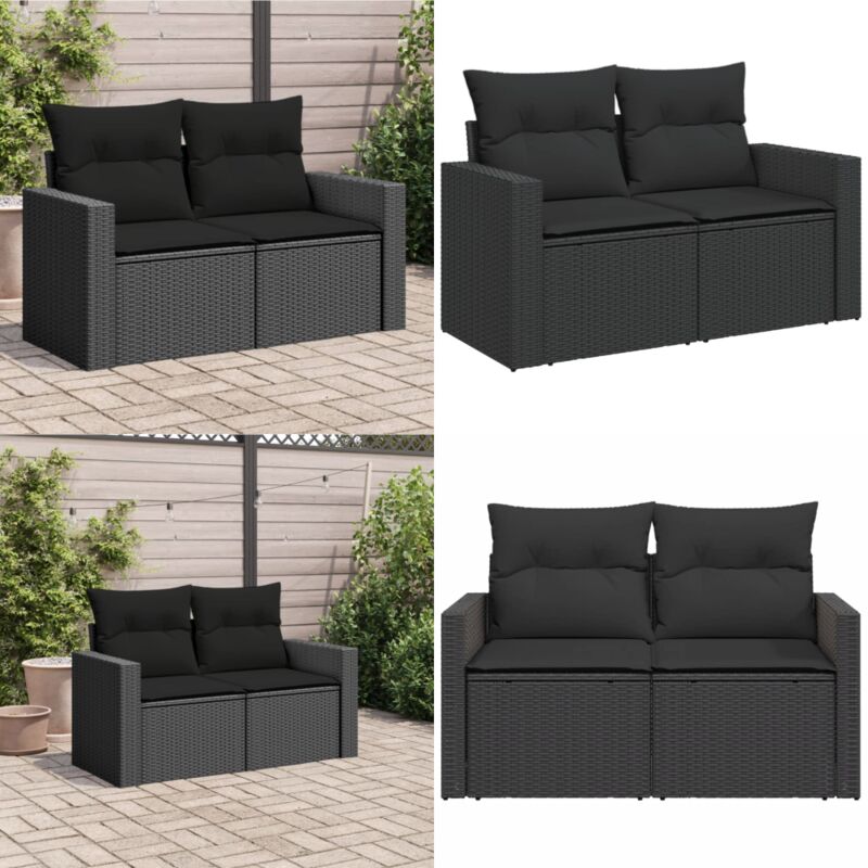 Divano Da Giardino Con Cuscini 2 Posti Nero In Polyrattan - Seduta Esterna - Cuscini Per Divano