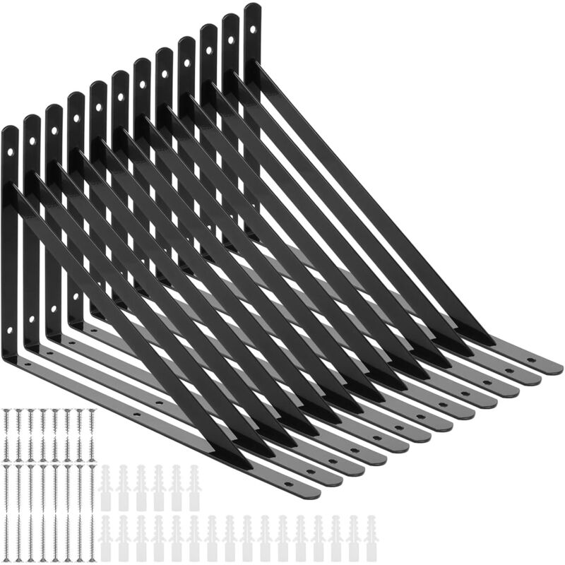 12 Staffe Per Mensole, 300 X 190 Mm, Staffe Per Mensole In Metallo Nero, Staffe Da Parete In Metallo Per Carichi Pesanti, Supporti Per Mensole, Staffe Da Parete, Staffe Di Fissaggio