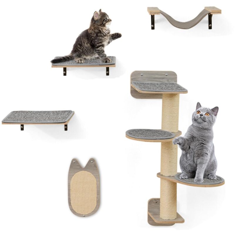 Costway Mensole Da Parete Per Gatti Da Arrampicata, Set Mobili A Muro Con 4 Livelli, Amaca, Pannello Graffiato E Tappetini, 2 Piattaforme Di Lancio, Albero Tiragraffi Salvaspazio (modello 4)